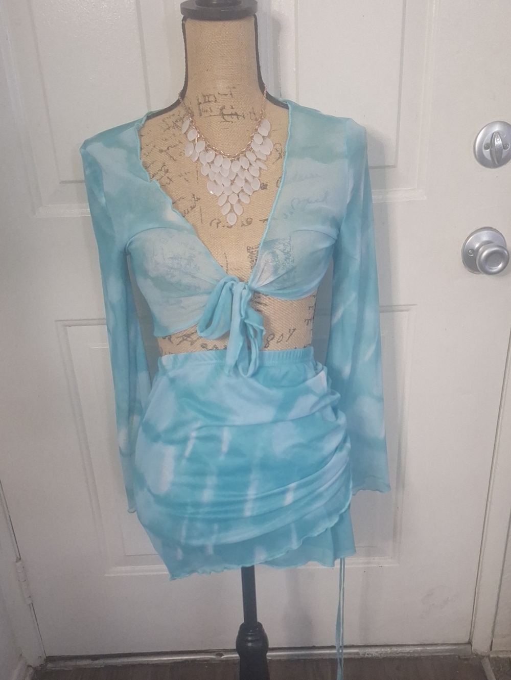 SHEIN Blue Tie-Front Crop Top & Ruched Mini Skirt Set